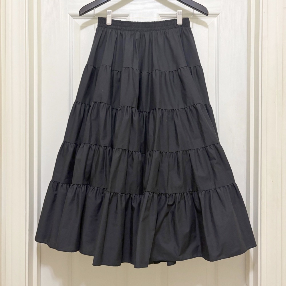 Vintage Malco Modes Black Tiered Midi Skirt Small USA Made Prairie Rockabilly - Picture 7 of 11